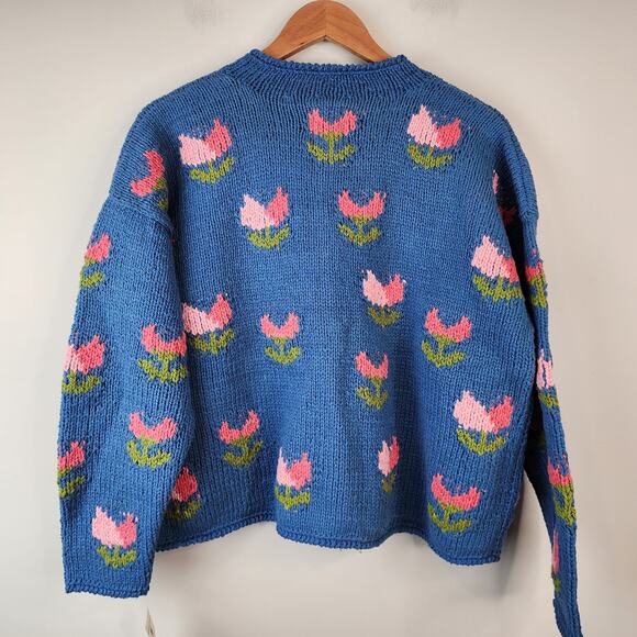 Rare NWT Vintage Amano S/M Hand Knit Cotton Cardigan Tulips Floral Blue Bolivia - Picture 10 of 10